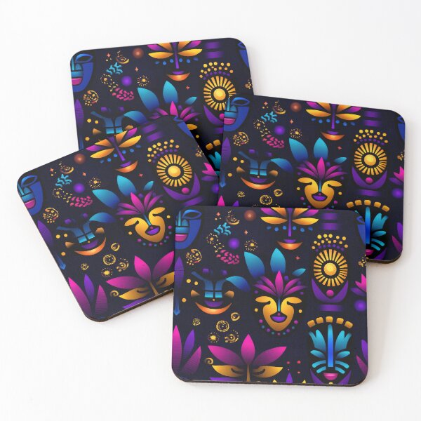 Item preview, Midnight Carnival – Neon Masks and Tropical Symbols on Black designed and sold by Moisky Patterns.