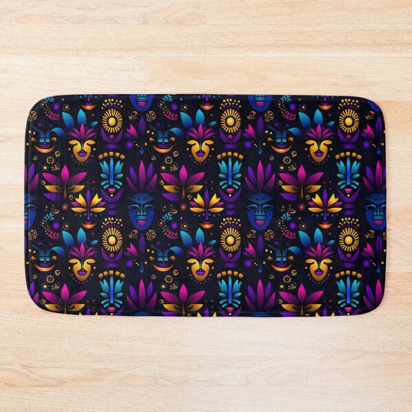 Item preview, Midnight Carnival – Neon Masks and Tropical Symbols on Black designed and sold by Moisky Patterns.
