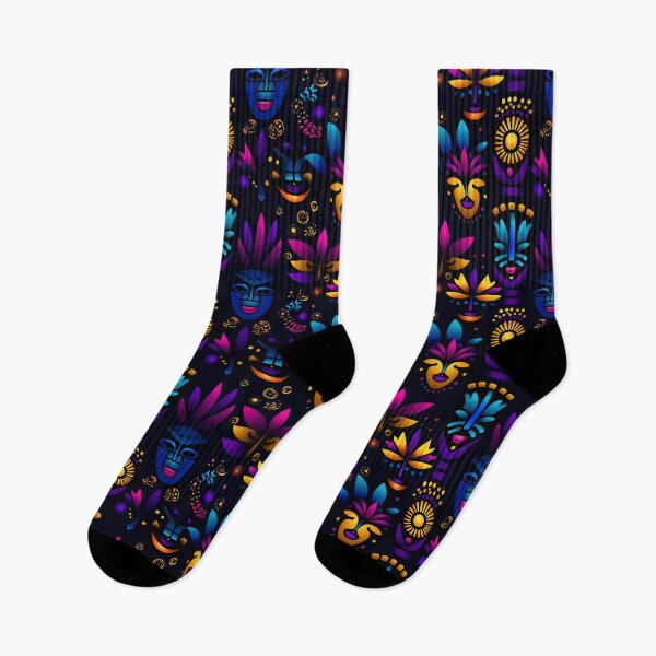 Item preview, Midnight Carnival – Neon Masks and Tropical Symbols on Black designed and sold by Moisky Patterns.