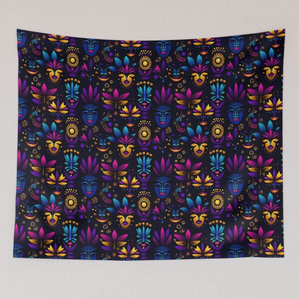 Item preview, Midnight Carnival – Neon Masks and Tropical Symbols on Black designed and sold by Moisky Patterns.