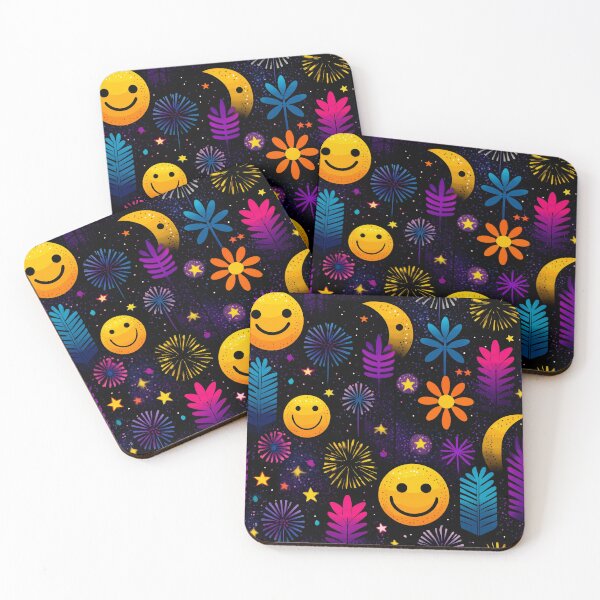 Item preview, Celestial Bloomscape – Abstract Moons, Faces, and Fireworks on Black designed and sold by Moisky Patterns.