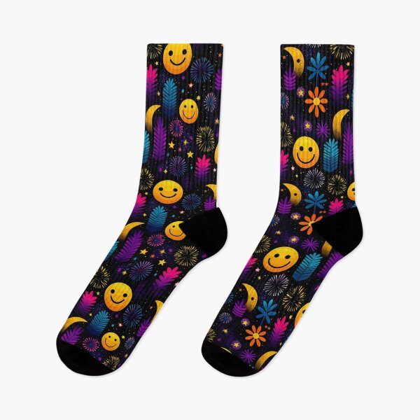 Item preview, Celestial Bloomscape – Abstract Moons, Faces, and Fireworks on Black designed and sold by Moisky Patterns.