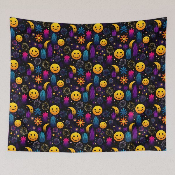 Item preview, Celestial Bloomscape – Abstract Moons, Faces, and Fireworks on Black designed and sold by Moisky Patterns.
