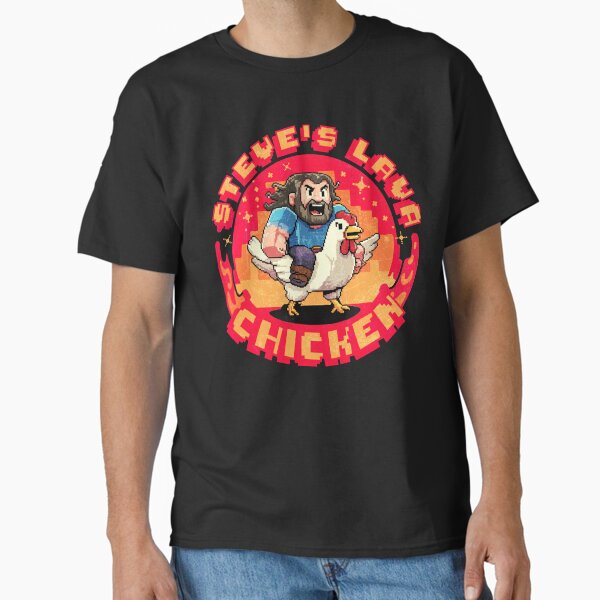 Vista previa del artículo con la obra «Meme de mineros de pollos de lava Steve Pixel», diseñado y vendido por PrettyInk.