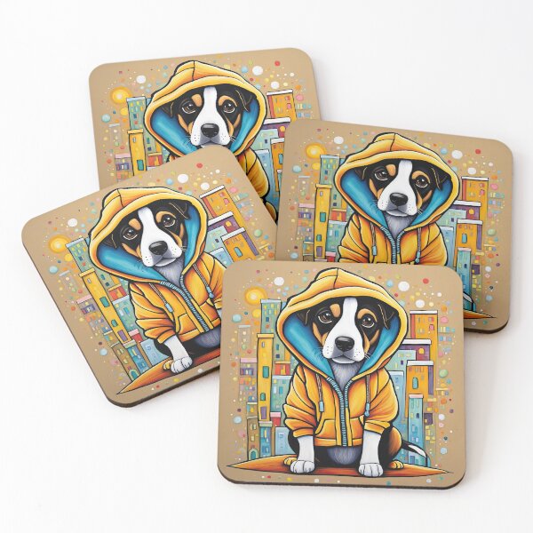 Item preview, Folk Art puppy wearing a hoodie doing Parkour designed and sold by Colin Bentham.