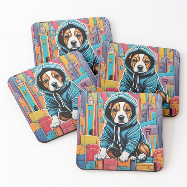 Item preview, Folk Art puppy wearing a hoodie doing Parkour designed and sold by Colin Bentham.