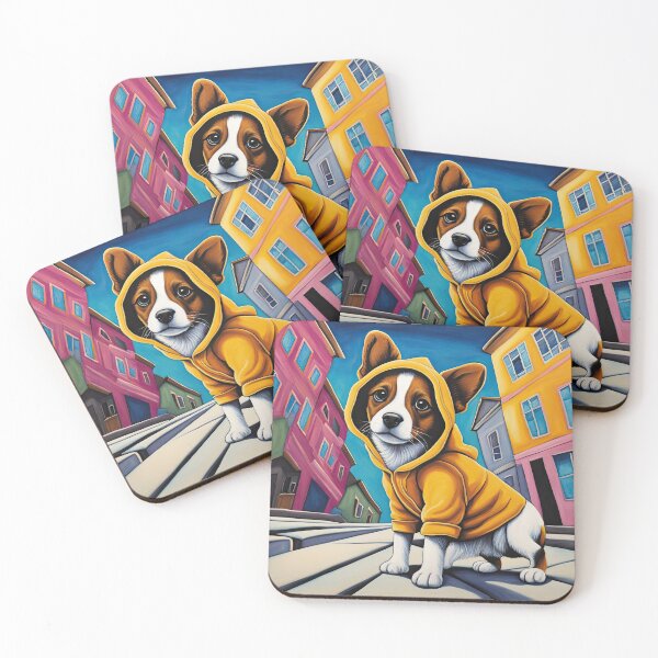 Item preview, Folk Art puppy wearing a hoodie doing Parkour designed and sold by Colin Bentham.