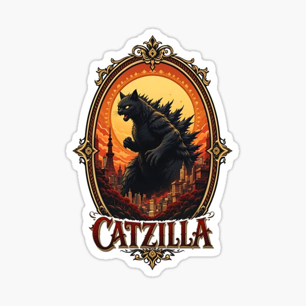 Vista previa del artículo con la obra «Arte mural vintage de monstruo de Catzilla, parodia de Godzilla», diseñado y vendido por BorgSpareParts.