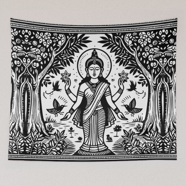 Item preview, Goddess Lakshmi in a garden woodcut style designed and sold by ZOXOFO.