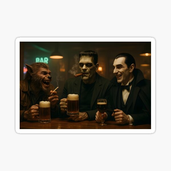 Aperçu de l'œuvre Dracula, Frankenstein et le loup-garou au bar créée et vendue par digitalsapiens.
