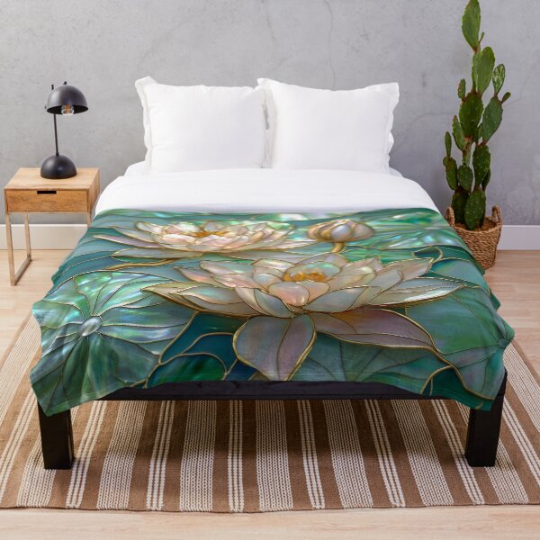 Item preview, Lotus Zen Garden, Pearl Blue and Green Stained Glass Nature Design designed and sold by MargaretWiktor.