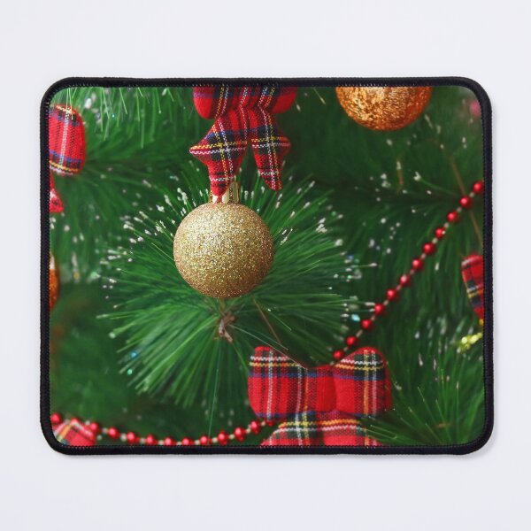 Item preview, Festive close up Christmas tree vertical background with golden and glittering baubles and tartan red bows designed and sold by Familyshmot.