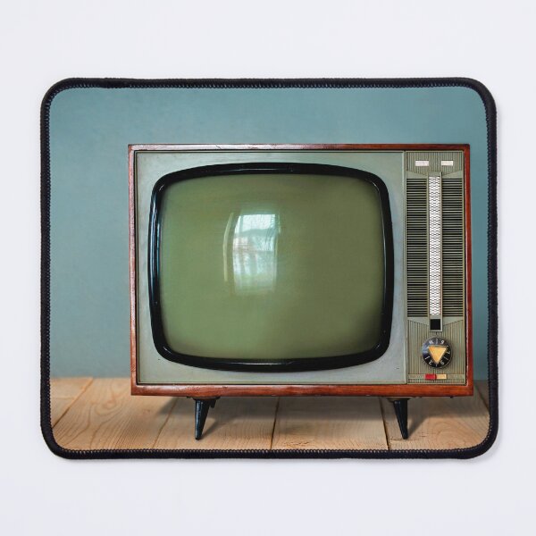 Item preview, Vintage TV set on wooden table against old blue wall background designed and sold by Familyshmot.