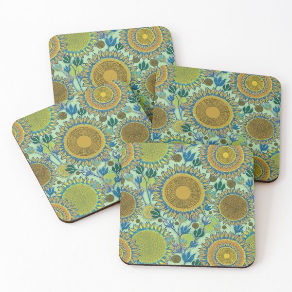Item preview, Boho Sunflower Bliss mustard yellows blues on bright light green designed and sold by phatlizzardart.
