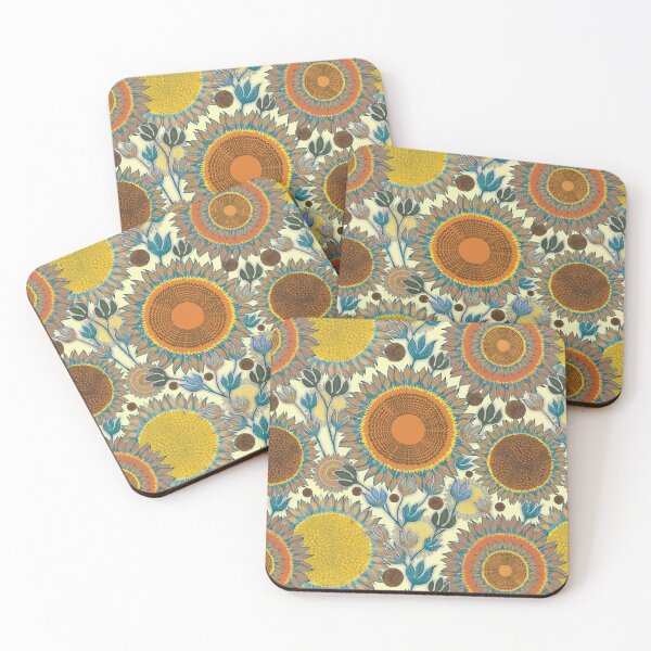 Item preview, Boho Sunflower Bliss oranges yellows blues on creamy yellow designed and sold by phatlizzardart.