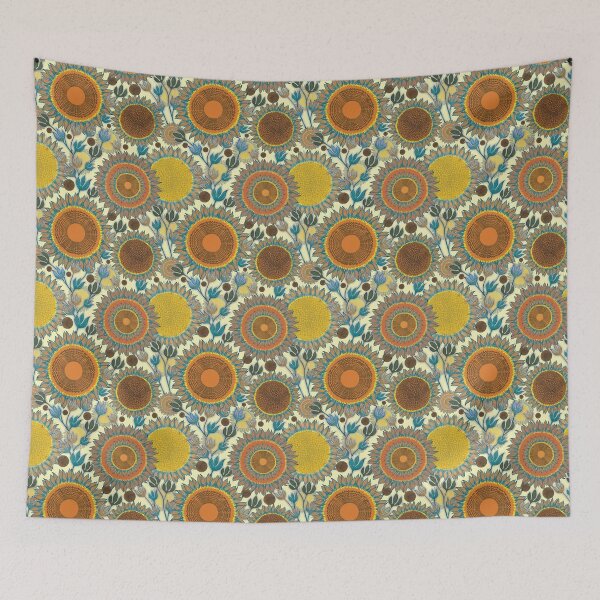 Item preview, Boho Sunflower Bliss oranges yellows blues on creamy yellow designed and sold by phatlizzardart.