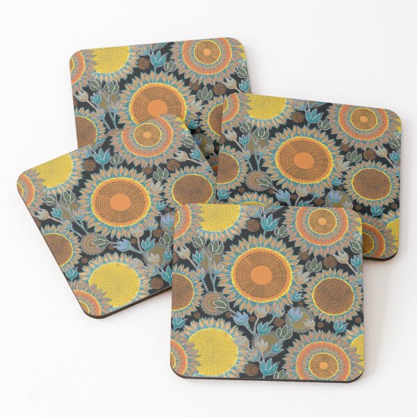 Item preview, Boho Sunflower Bliss oranges yellows blues on black designed and sold by phatlizzardart.
