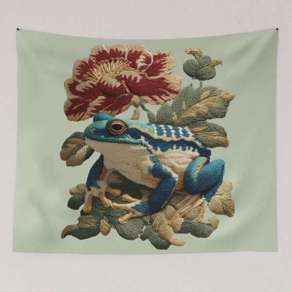 Item preview, Botanical Frog Embroidery Print – Vintage Floral Amphibian Design designed and sold by Void & Valor.