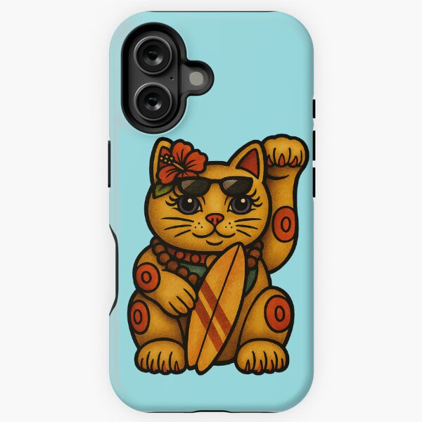 Item preview, Surfer Cat – Tropical Maneki Neko with Surfboard – Beach Vibes Lucky Cat designed and sold by TravisCats.