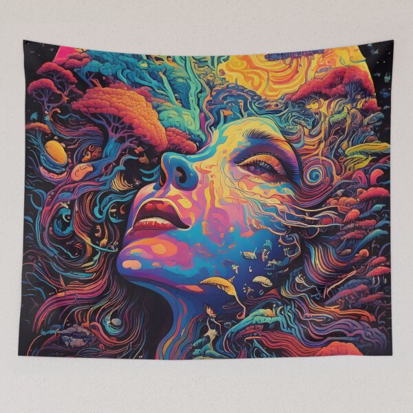 Item preview, Trippy Visionary Mushroom Landscape with Surreal Portrait – Psychedelic Dreamscape designed and sold by CattlettArt.