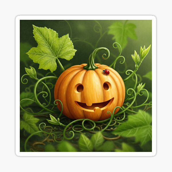 Vista previa del artículo con la obra «Calabaza sonriente con enredaderas primaverales», diseñado y vendido por awalkoutsidetheuniverse.