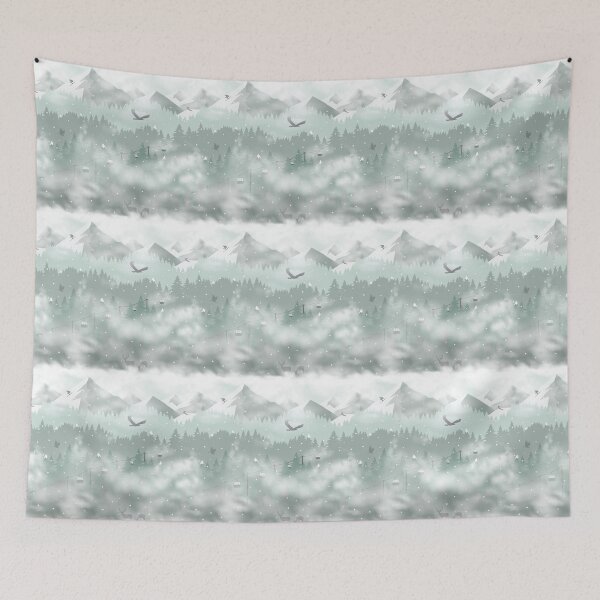 Item preview, Winter Alpine Ski Retreat Misty Mountains Green designed and sold by VintageStyle.