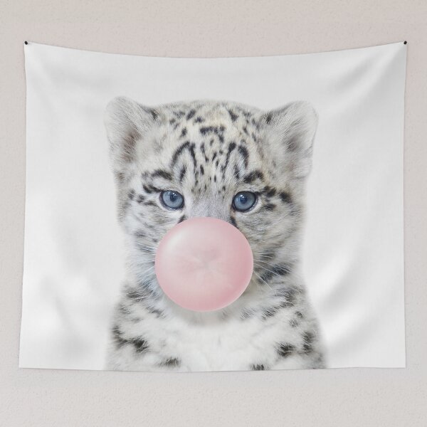 Item preview, Baby Snow Leopard Blowing Pink Bubble Gum, Baby Girl, Kids, Nursery, Baby Animals Art Print by Synplus designed and sold by synplus.