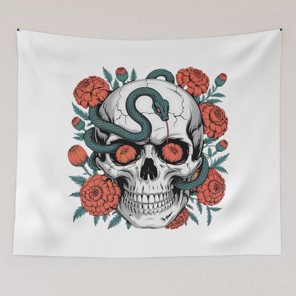 Item preview, Venomous Skull with Marigolds and Serpent designed and sold by BirdsnStuff.