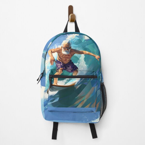 Item preview, low poly clean shaven grandpa surfing a huge wave on a longboard designed and sold by wonderisland.