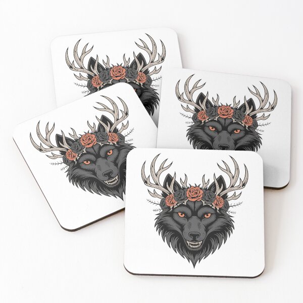 Item preview, Dark Forest Wolf with Roses and Antlers designed and sold by BirdsnStuff.