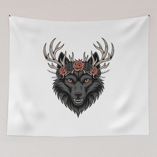 Item preview, Dark Forest Wolf with Roses and Antlers designed and sold by BirdsnStuff.