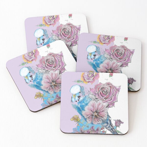 Item preview, Blue Budgie and Rose Watercolor Painting on Lilac and white designed and sold by Sarah  Rajkotwala.