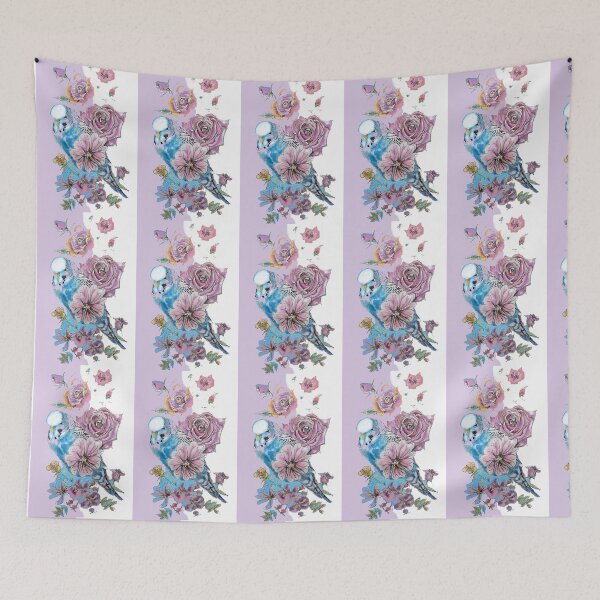 Item preview, Blue Budgie and Rose Watercolor Painting on Lilac and white designed and sold by Sarah  Rajkotwala.