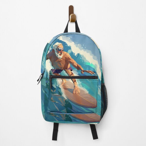 Item preview, low poly clean shaven grandpa surfing a huge wave on a longboard designed and sold by wonderisland.