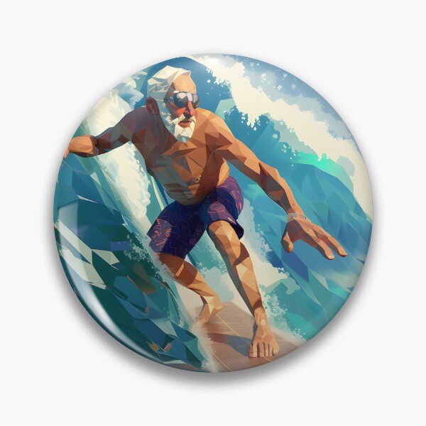 Item preview, low poly clean shaven grandpa surfing a huge wave on a longboard designed and sold by wonderisland.