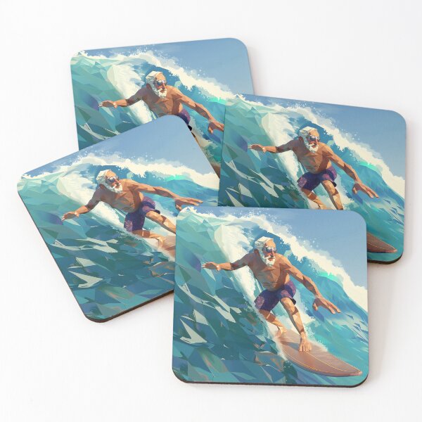 Item preview, low poly clean shaven grandpa surfing a huge wave on a longboard designed and sold by wonderisland.