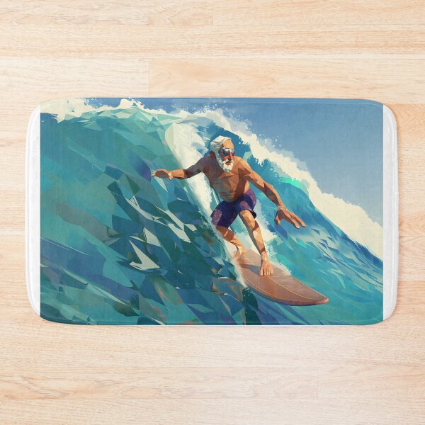 Item preview, low poly clean shaven grandpa surfing a huge wave on a longboard designed and sold by wonderisland.