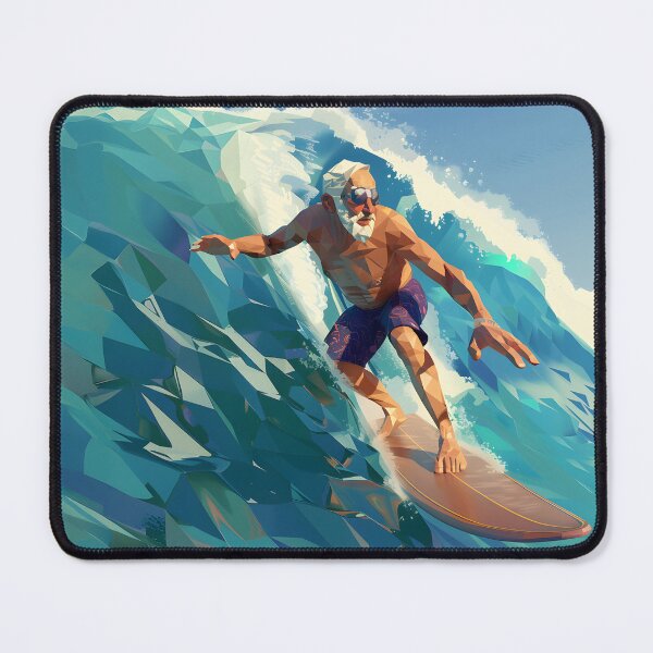 Item preview, low poly clean shaven grandpa surfing a huge wave on a longboard designed and sold by wonderisland.