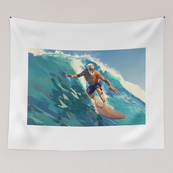 Item preview, low poly clean shaven grandpa surfing a huge wave on a longboard designed and sold by wonderisland.