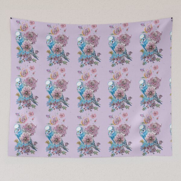 Item preview, Blue Budgie and Rose Watercolor Painting on Lilac Mauve designed and sold by Sarah  Rajkotwala.