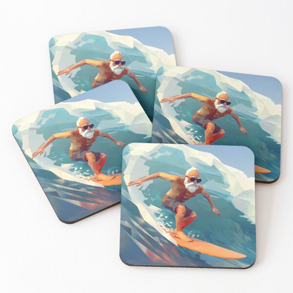 Item preview, low poly clean shaven grandpa surfing a huge wave on a longboard designed and sold by wonderisland.