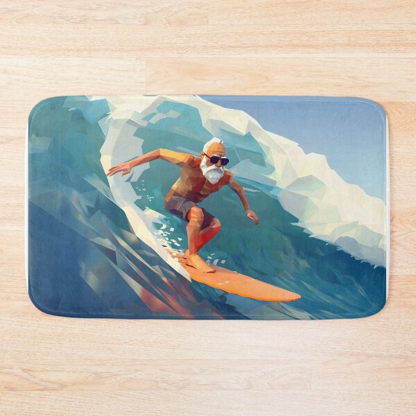 Item preview, low poly clean shaven grandpa surfing a huge wave on a longboard designed and sold by wonderisland.