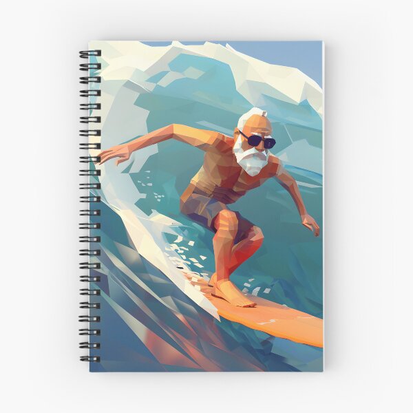 Item preview, low poly clean shaven grandpa surfing a huge wave on a longboard designed and sold by wonderisland.