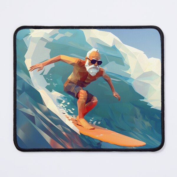 Item preview, low poly clean shaven grandpa surfing a huge wave on a longboard designed and sold by wonderisland.