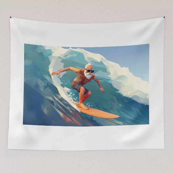 Item preview, low poly clean shaven grandpa surfing a huge wave on a longboard designed and sold by wonderisland.