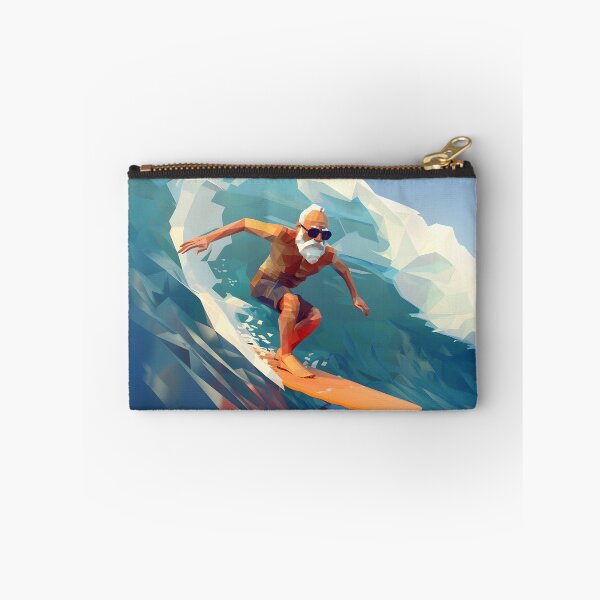 Item preview, low poly clean shaven grandpa surfing a huge wave on a longboard designed and sold by wonderisland.