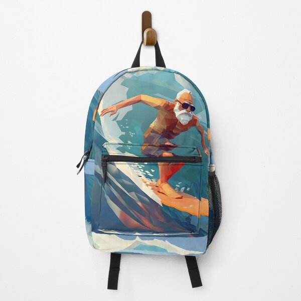 Item preview, low poly clean shaven grandpa surfing a huge wave on a longboard designed and sold by wonderisland.