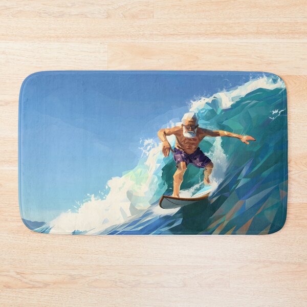 Item preview, low poly clean shaven grandpa surfing a huge wave on a longboard designed and sold by wonderisland.