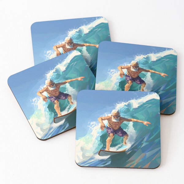Item preview, low poly clean shaven grandpa surfing a huge wave on a longboard designed and sold by wonderisland.
