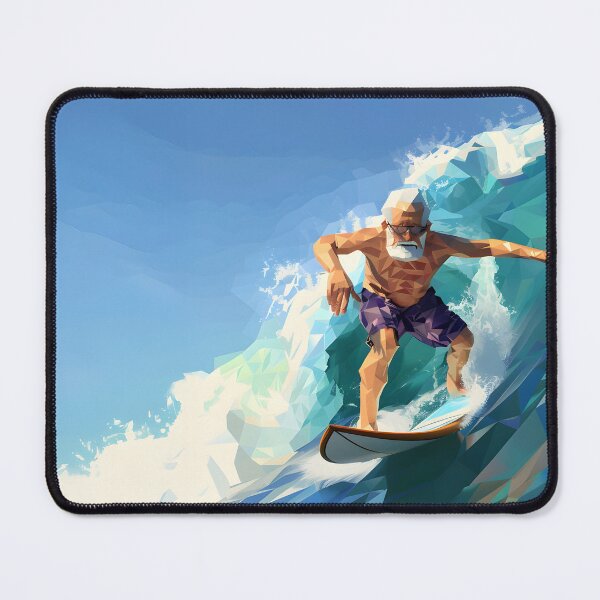 Item preview, low poly clean shaven grandpa surfing a huge wave on a longboard designed and sold by wonderisland.
